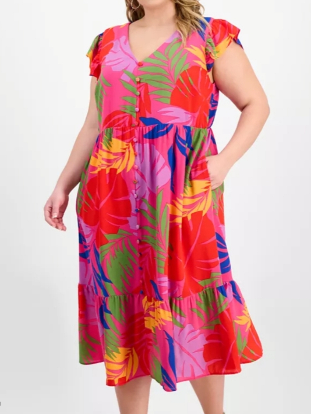 52seven Womens Plus Short Sleeve Tropical Floral Midi Fit Flare Dress Size 16W